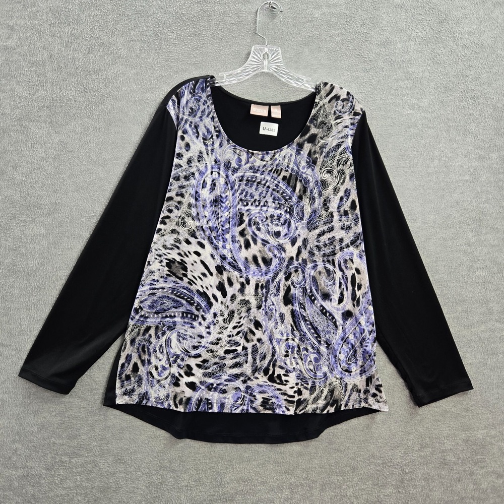 Chicos Women Top 3 Blue Shirt Floral‎ Paisley Cheetah Print Long Sleeve Pullover